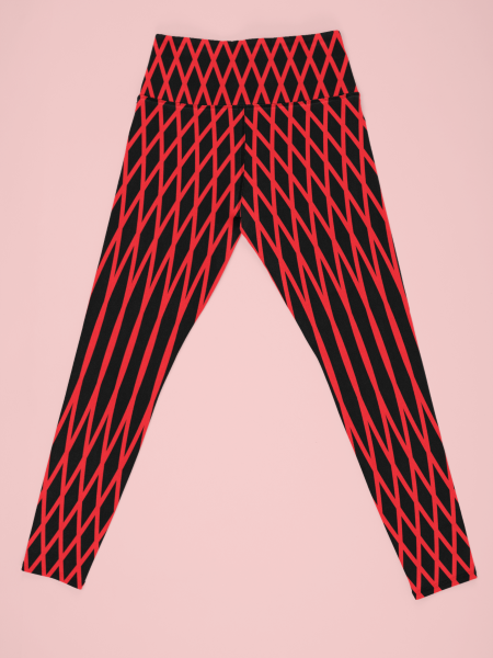 Geometric Half Curved Red Lines Printed Black Leggings