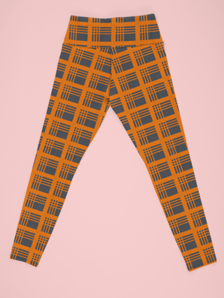 Checked Orange Lines Printed Black Leggings