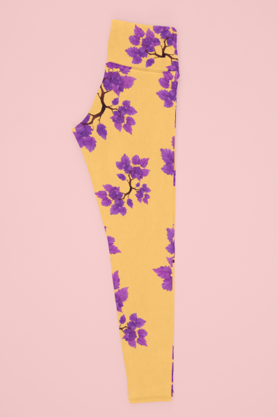 Purple Leaves Printed Yellow Leggings