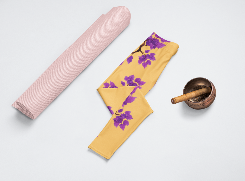 Purple Leaves Printed Yellow Leggings